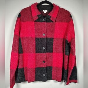 NWT - J. Jill Red and Black Checkered Wool Blend Sweater Jacket Size L